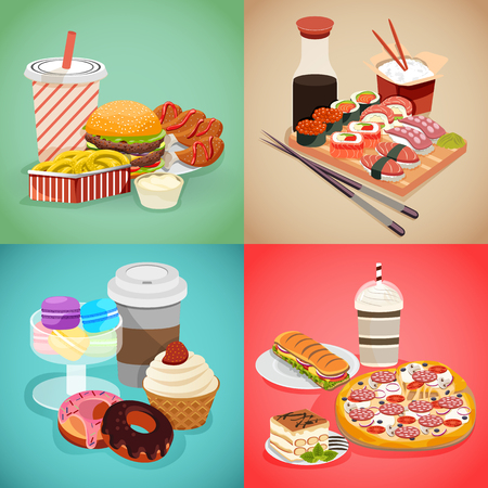 Set of different foods: pizza, sushi, burgers, and coffee with macaroons, donuts. Showing American, Italian and Japanese cousins. Fast food concept in cartoon style.のイラスト素材