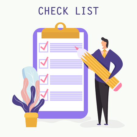 Checklist with a tick mark. A man holds a pencil and stay near giant clipboard. Successful business concept. Vector illustrationのイラスト素材