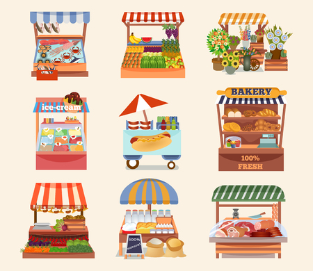 Set of vector flat design street shops. Fresh food on counters. Local farmers market. Bakery, fish, meat, flower, fruit shop, ice cream, hot dog. Vector illustrationの写真素材