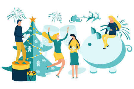 Merry Christmas and Happy New Year. People preparing for and celebrating winter holidays. Vector illustrationのイラスト素材