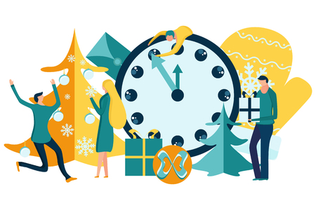 Merry Christmas and Happy New Year. People preparing for and celebrating winter holidays. Vector illustrationのイラスト素材