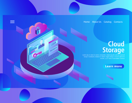 Web page design template for hosting and data center, big data processing, server room rack in isometric style. Vector illustration for the website and mobile landing pageのイラスト素材
