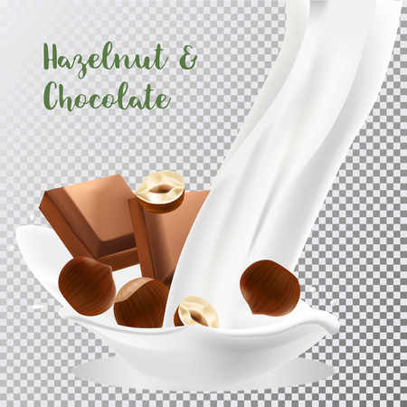 Hazelnut and chocolate with a splash of milk. Fresh fruits and splashes, 3d realistic vectorのイラスト素材