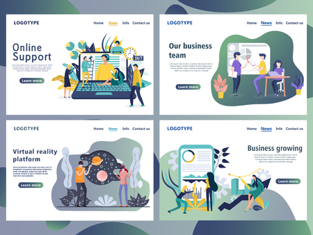 Set of web page design templates for business. Landing page shows the meeting and brainstorming, strategic partnership, crowdfunding and processing in the office or by the freelancer.のイラスト素材