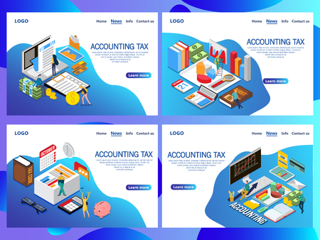 Web page design templates for Accounting tax isometric vector concept. Audit, documents analysis, business review, paperwork with money. Landing page.のイラスト素材