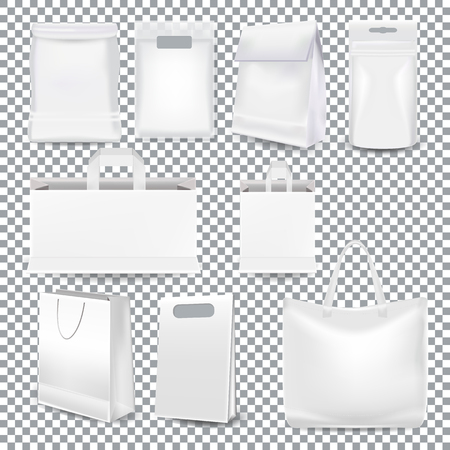 Set of realistic template white shopping bags with a handle and packaging made from white paper, plastic and canvas isolated on a transparent background. Mockup gift bag in Vectorのイラスト素材