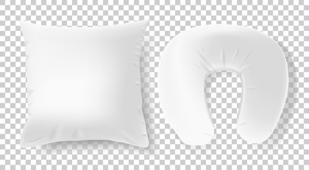 White 3d realistic pillows - square and road neck pillow. Template, mock up in vectorのイラスト素材