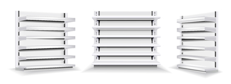 Vector set of white empty vertical display case. Trade stands shop racks with shelvesのイラスト素材