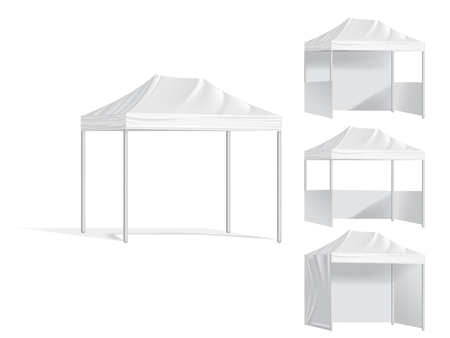 Promotional outdoor mobile tents. Mock up blank template of canopy from sun, illustration shelter canopy for commercial pavilion. Advertising mobile tent.のイラスト素材