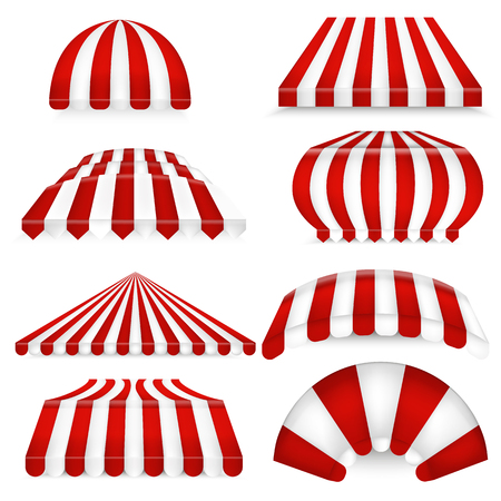 Vector set of red-white sunshades. Outdoors awnings for cafe and market.のイラスト素材