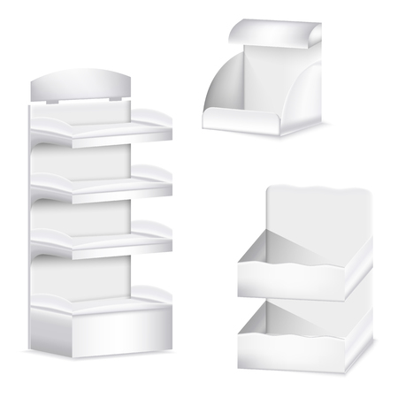 Promotion shelf. Set of white carton blank trade displays template empty supermarket shelves in perspective.のイラスト素材