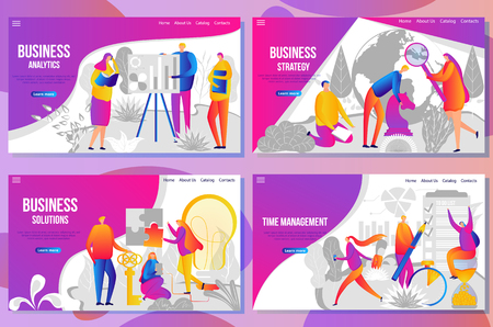 Set of web page design templates for business analysis and statistics, team building, consulting and strategy, time manager and finance. Vector illustration concepts for website and mobile website.のイラスト素材