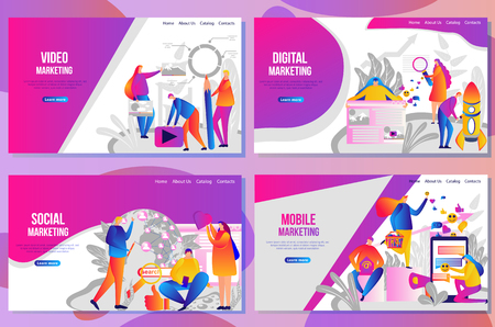 Set of web page design templates for social media marketing concept. People create promote products and services based on digital video and mobile apps. Vector illustration concepts for website and mobile website.のイラスト素材