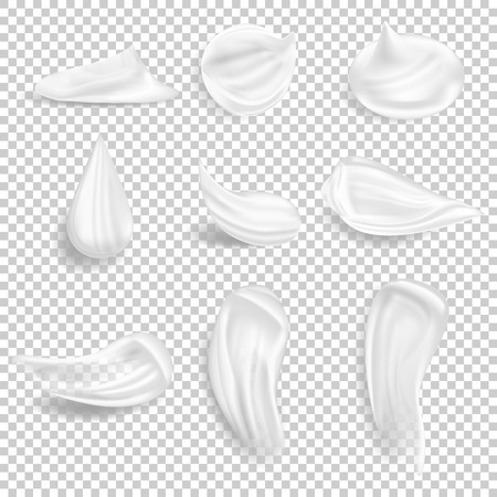 Set of cosmetic white cream texture. Sunscreen white cream strokes or sun protection gel drops.のイラスト素材