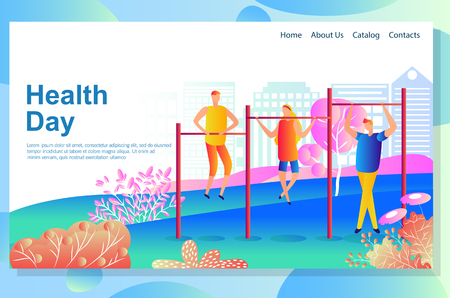 Web page design template shows Physical exercises of young people training outdoors. Improving their health and body in the fresh air. Vector illustration concepts for website and mobile website.のイラスト素材