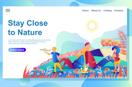 Web page design template shows family rest with the dog in the mountains. Playing together outside the home on the lawn.のイラスト素材