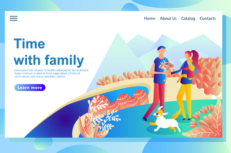 Web page design template shows happy couple playing with children on the lawn.のイラスト素材