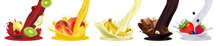Fresh fruits and splashes, 3d vector icon set. Raspberry, blue berry, strawberry, peach, pear, banana, nuts, chocolate, kiwi, cherries, milk, juice, yogurt,のイラスト素材