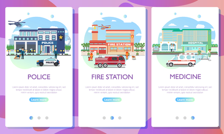 Web page design templates. Emergency services building. City hospital building with ambulance, Fire station building, police department with officers in uniform , cars and city landscape.のイラスト素材