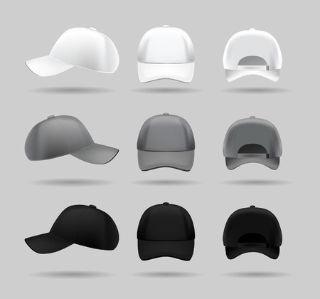 set of white, black and gray baseball cap, . realistic vector mockupのイラスト素材