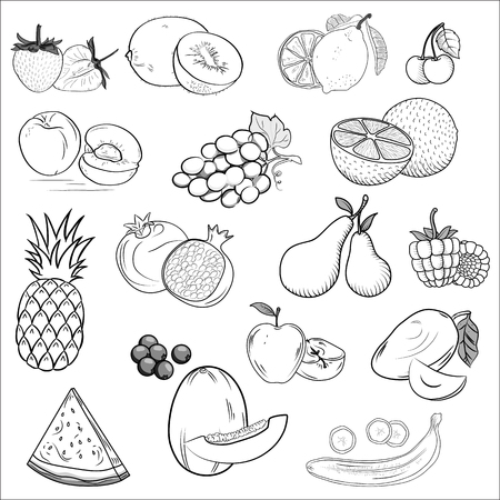 Set of icons drawn fruit. orange, peach, plum, banana, watermelon, pineapple, papaya, grapes cherry kiwi ango apple pear fresh food design elementsのイラスト素材