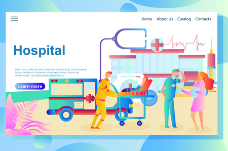Illustration of the web page, hospital on the background,ambulance car and doctors doing their official duties: transporting a patient, giving consultations and prescription to the chemist.のイラスト素材