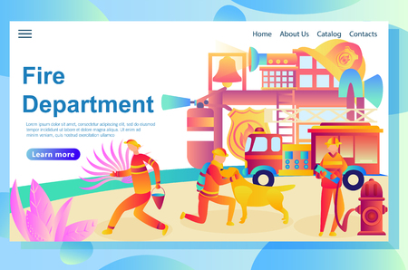 Illustration of the web page, fire department on the background, fire engine with equipment including a pump, a water tank, ladders, ect. Also, firefighters doing professional operations.のイラスト素材
