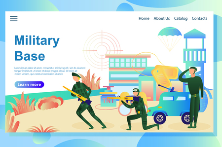 Illustration of the web page, military base on the background, corresponding attributes: weapons, explosives, military vehicle and soldiers doing military training.のイラスト素材