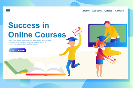 Web page templates of education, refers to online learning courses, which shows successful passing of the exams and graduation process online.のイラスト素材