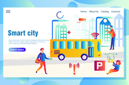 Modern technological smart city web page concept, with people using high-tech devices to find necessary dataのイラスト素材