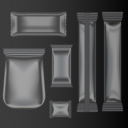 Realistic Polyethylene packaging of different size on the transparent background. Vacuum wrapping bags chocolate bar, vector mockup set.のイラスト素材