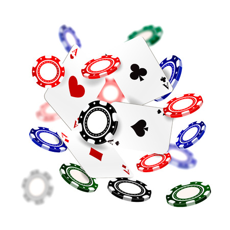 3D realistic flying colorful chips and poker cards on the white background vector illustrationのイラスト素材