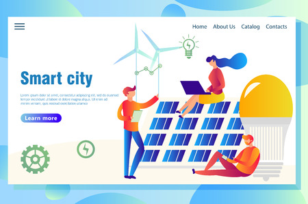 smart eco-city concept vector illustration with different alternative energy sources /solar panels/wind turbinesのイラスト素材
