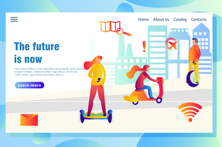 Modern technological smart city web page concept, with people using high-tech transport and different devices to find necessary dataのイラスト素材