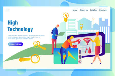 Modern technological smart city web page concept, with people using high-tech devices to find necessary dataのイラスト素材