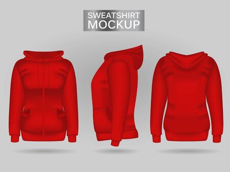 Blank womens red sweatshirt hoodie in front, back and side views. Vector illustration. Isolated on white background. Realistic female clothes for sport and urban styleのイラスト素材