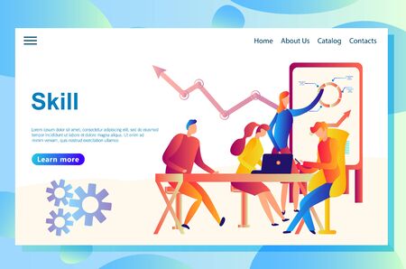 Illustration of the web page concept of a business meeting, teamwork, training professional skill, where people discuss some ideas, presentation of growing processes. Concepts for landing page.のイラスト素材