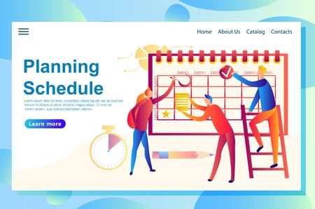 Illustration of the web concept banner planning some events together, people filling in the schedule with all corresponding products around. Concepts for website and mobile landing page.のイラスト素材