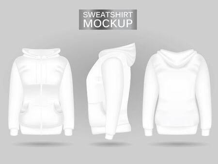 Blank womens white sweatshirt hoodie in front, back and side views. Vector illustration. Isolated on white background. Realistic female clothes for sport and urban styleのイラスト素材