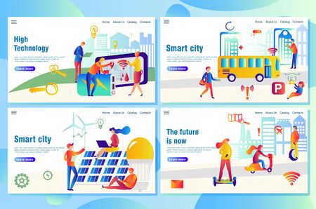 Modern technological smart city web landing page concept, with people using high-tech devices to find necessary dataのイラスト素材