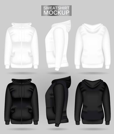 Blank womens white and black sweatshirt hoodie in front, back and side views. Vector illustration. Realistic female clothes for sport and urban styleのイラスト素材