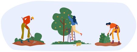Set of farmers or agricultural workers are working on the farm. People are working on the garden collecting apples and growing vegetables. Vector illustration.のイラスト素材