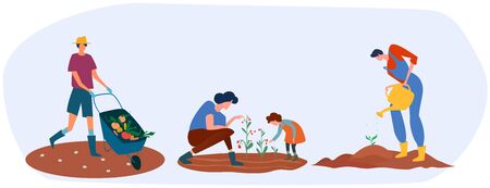 Set of farmers or agricultural workers are working on the farm. Process of planting, carrying and growing vegetables by different people. Work in the garden. Vector illustration.のイラスト素材