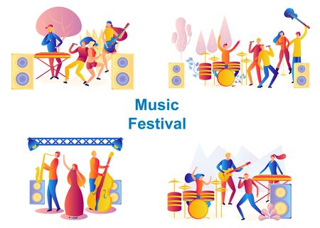 Set of bands performing on stage. Men and woman artists outfit playing with musical Instruments, music concert. music festival concept.のイラスト素材