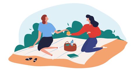 Women have picnic on the beach. Resting outside having some meal together, families and couples having lunch. Flat cartoon vector illustration.のイラスト素材