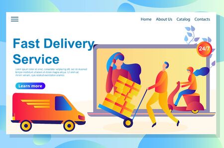Web landing page design template for different kinds and stages of delivery services, the process includes human and digital partsのイラスト素材