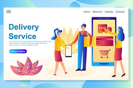 Web landing page design template for different kinds and stages of delivery services, the process includes human and digital partsのイラスト素材