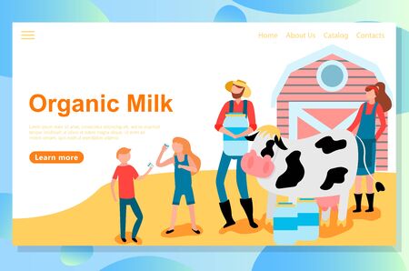 Web landing page design template for eco farm theme. Friendly Carrying of domestic animals on the farm: cows, sheeps, chickens and beesのイラスト素材