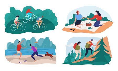 Time together concept. People are riding bicycles on the lawn near the park or wood, have picnicのイラスト素材