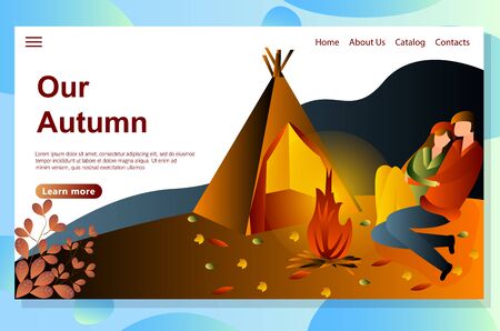 Time together concept. Autumn camping landing page vector. A guy with a girl is resting in nature in a tent. people are sitting by the fire. Web landing page design templateのイラスト素材